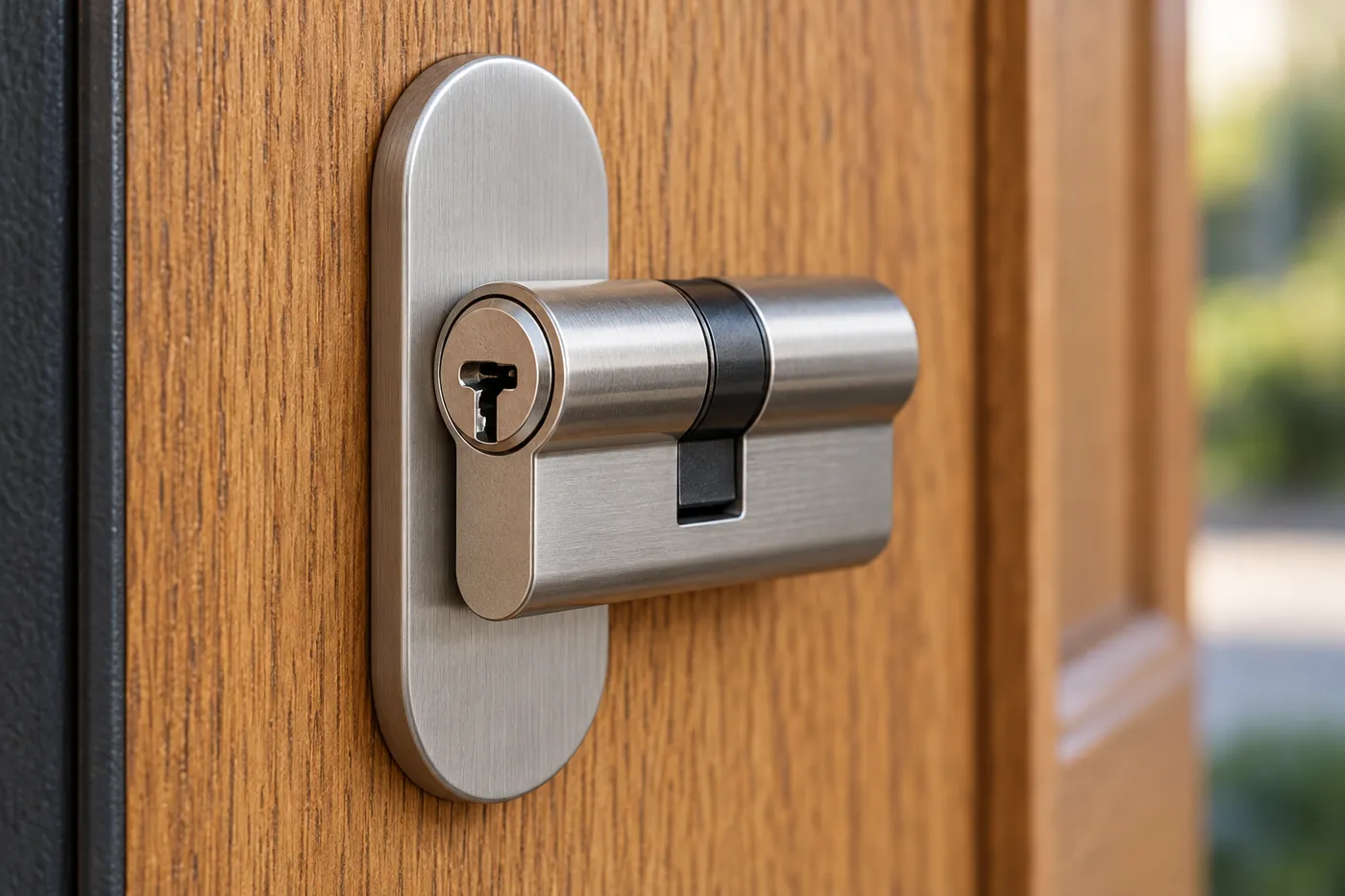 Cylindre de sûreté neuf posé avec sa rosace inox sur une porte d'entrée en bois