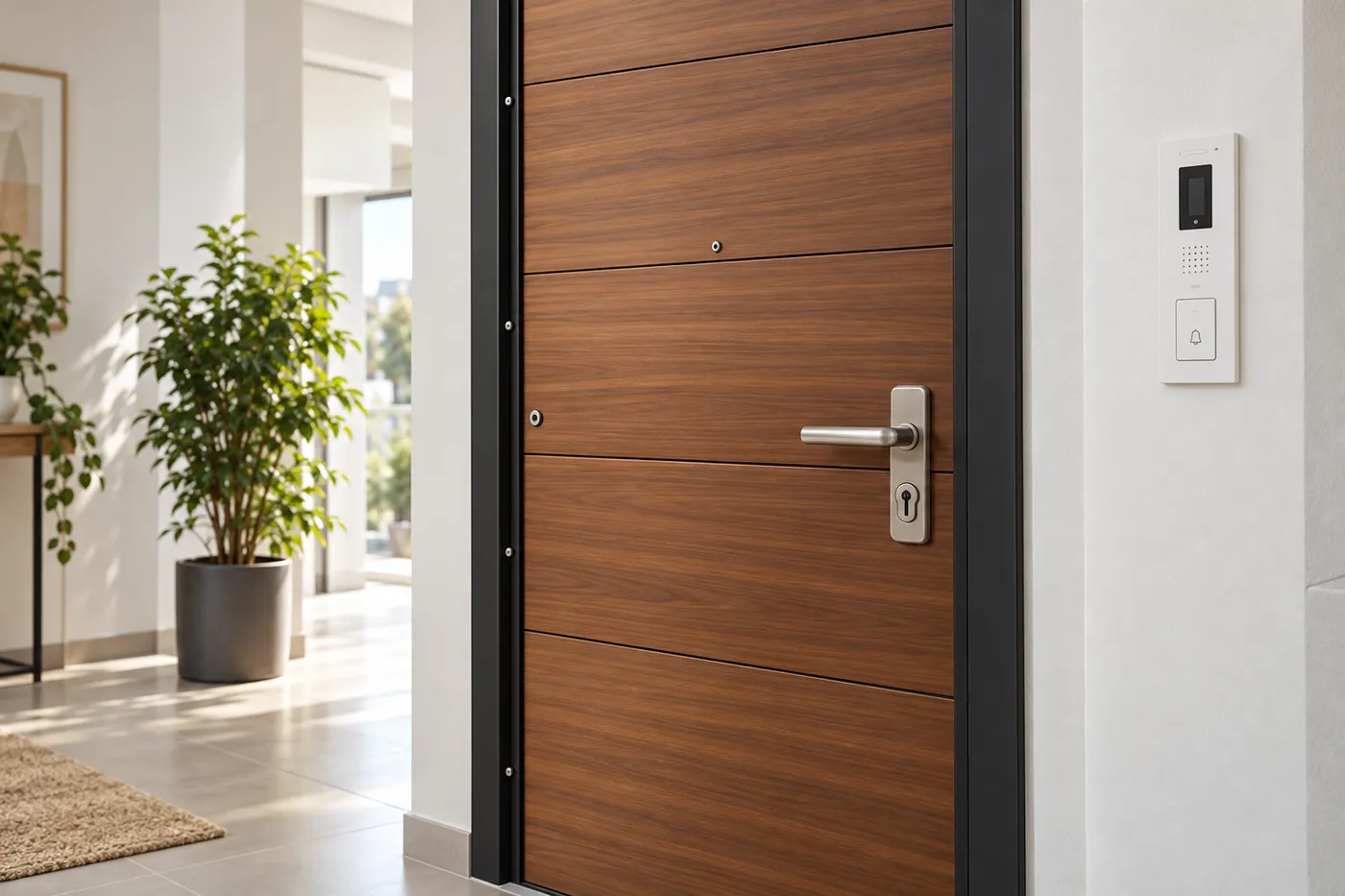 Porte d'entrée blindée à finition bois avec cornière et protège-cylindre, dans un hall de résidence
