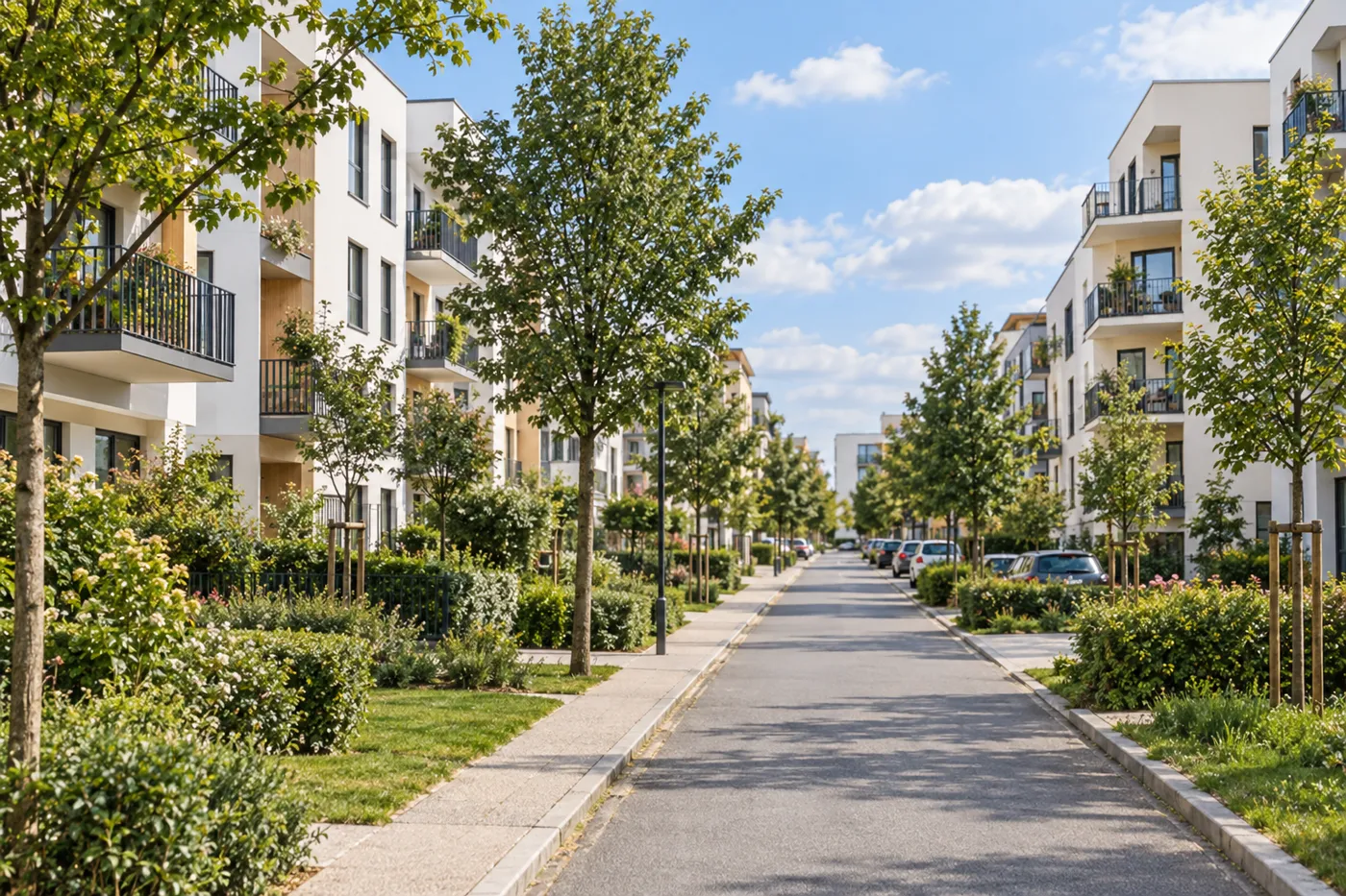 Rue résidentielle de Cergy bordée d'immeubles récents à balcons et de jeunes arbres
